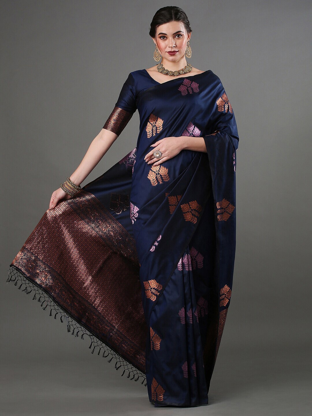 

HOLLYBEE TELLS Ethnic Motifs Woven Design Zari Pure Silk Tussar Saree, Blue