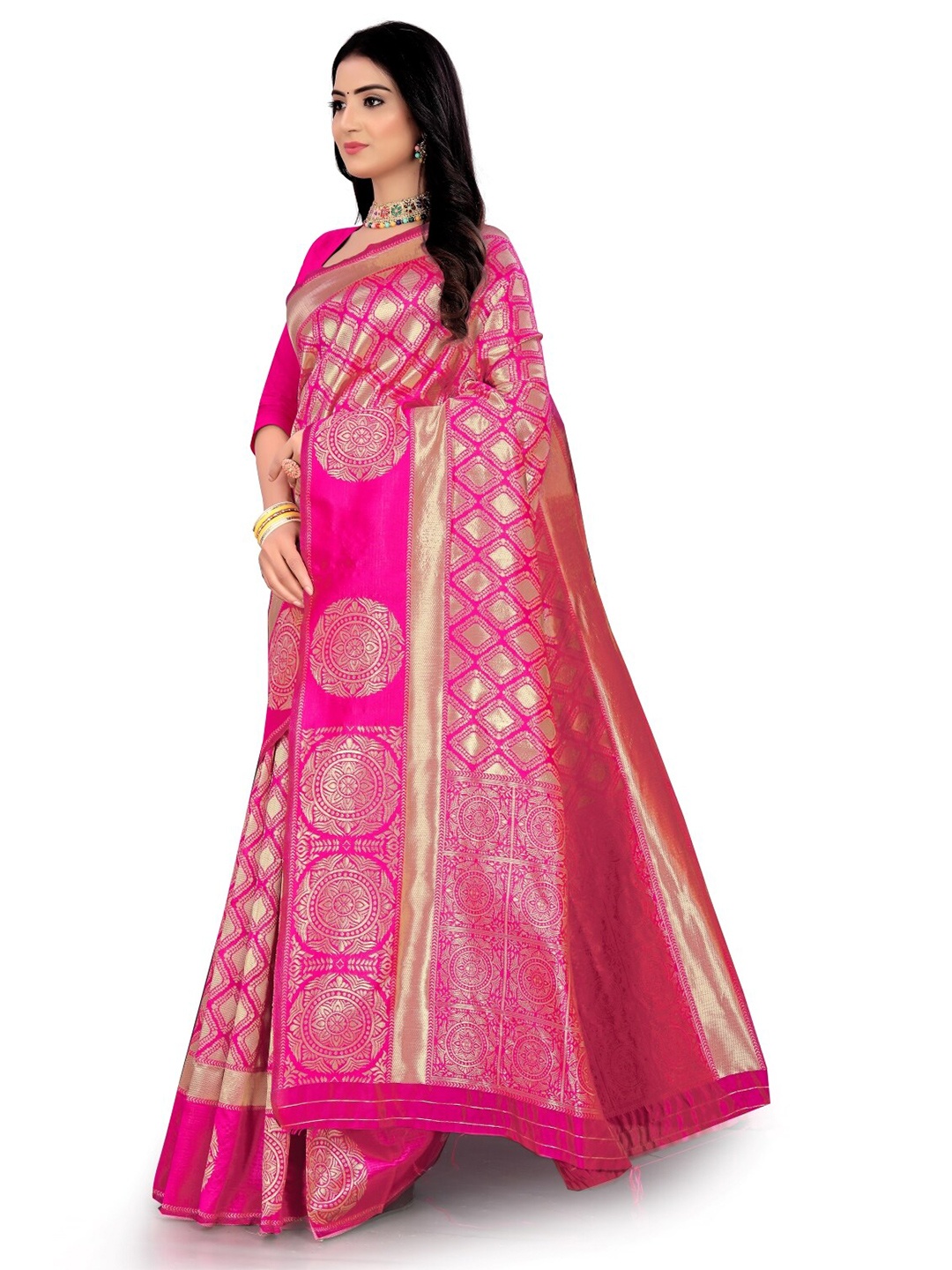 

HOLLYBEE TELLS Ethnic Motifs Woven Design Zari Pure Silk Kanjeevaram Saree, Pink