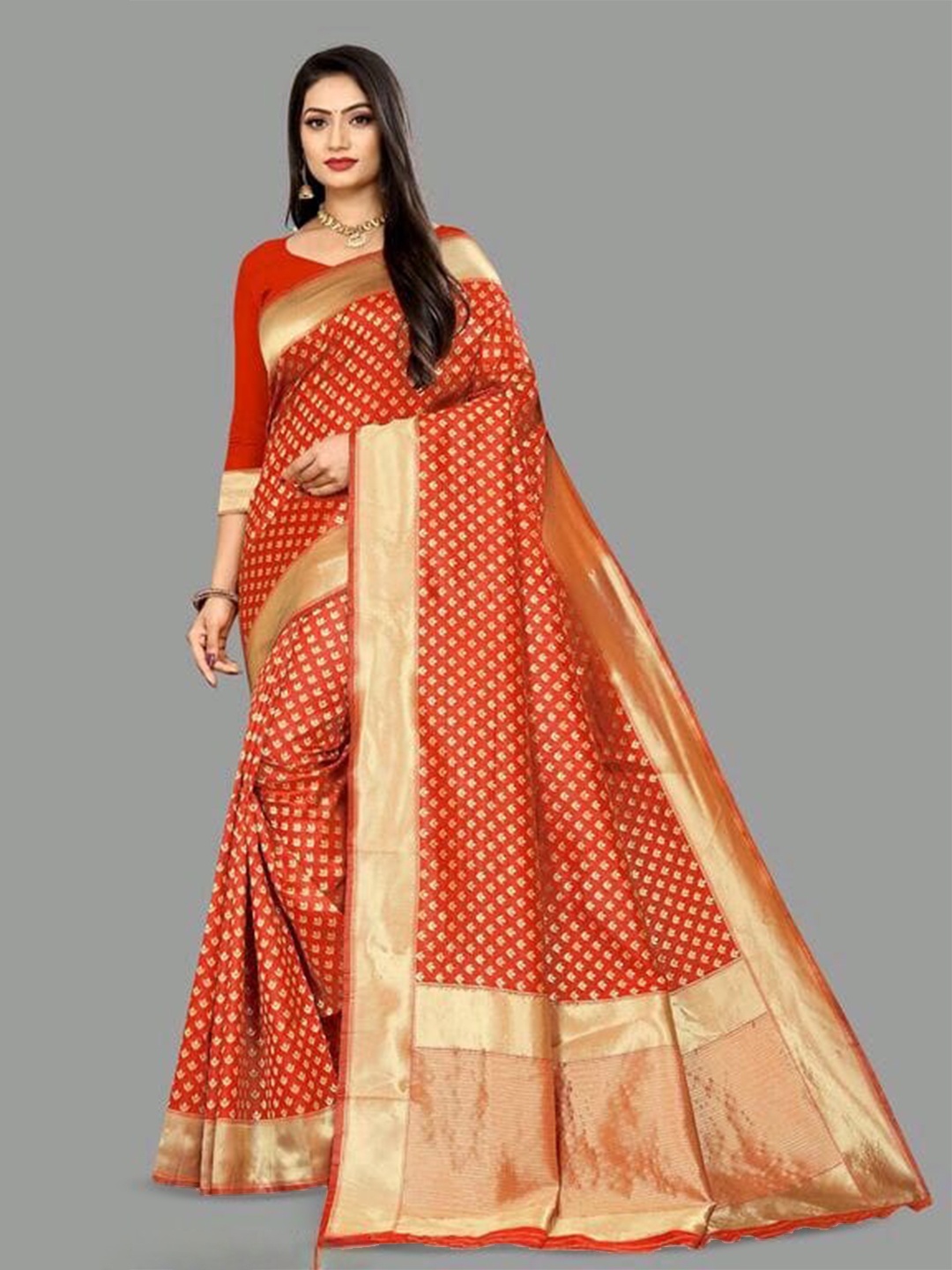 

HOLLYBEE TELLS Ethnic Motifs Zari Pure Silk Kanjeeveram Saree, Red