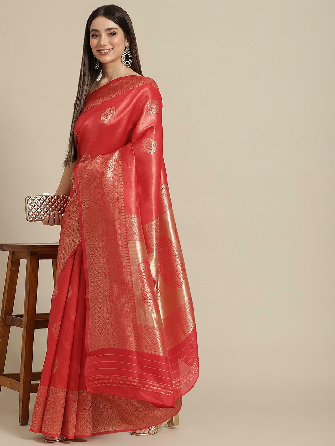 

HOLLYBEE TELLS Ethnic Motifs Zari Pure Silk Paithani Saree, Red