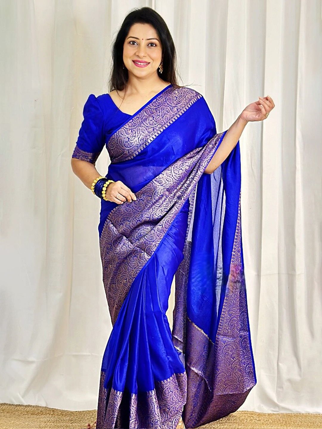 

HOLLYBEE TELLS Ethnic Motifs Pure Silk Kanjeevaram Zari Saree, Blue