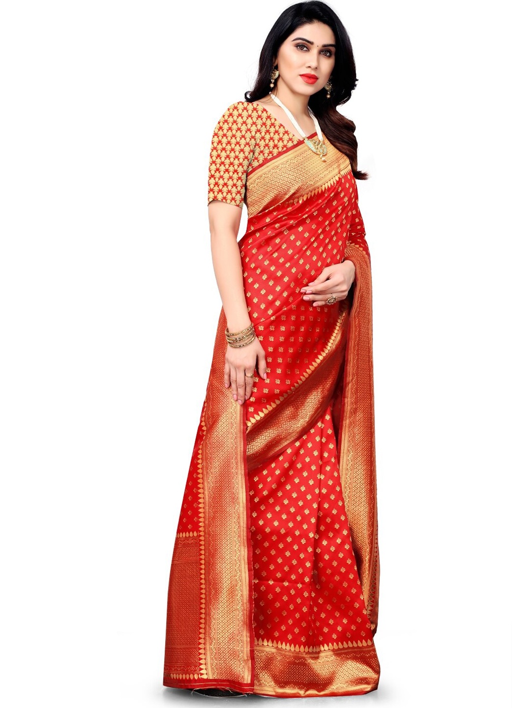 

HOLLYBEE TELLS Woven Design Zari Pure Silk Paithani Saree, Red