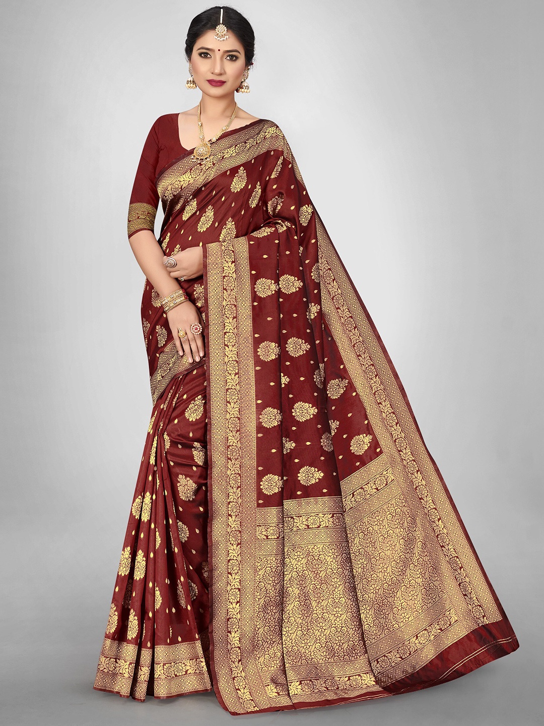 

HOLLYBEE TELLS Ethnic Motifs Zari Pure Silk Mysore Silk Saree, Maroon