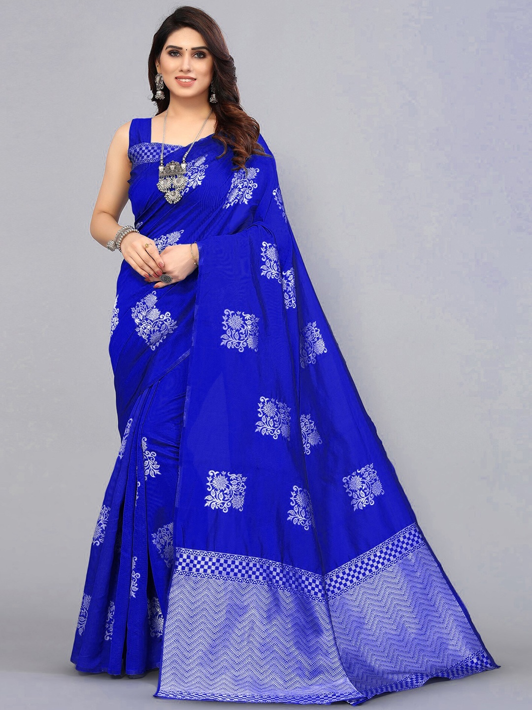 

HOLLYBEE TELLS Ethnic Motifs Zari Pure Silk Kanjeevaram Saree, Blue