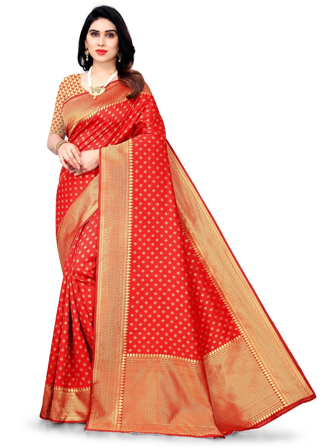 

HOLLYBEE TELLS Ethnic Motifs Woven Design Zari Pure Silk Kanjeevaram Saree, Red