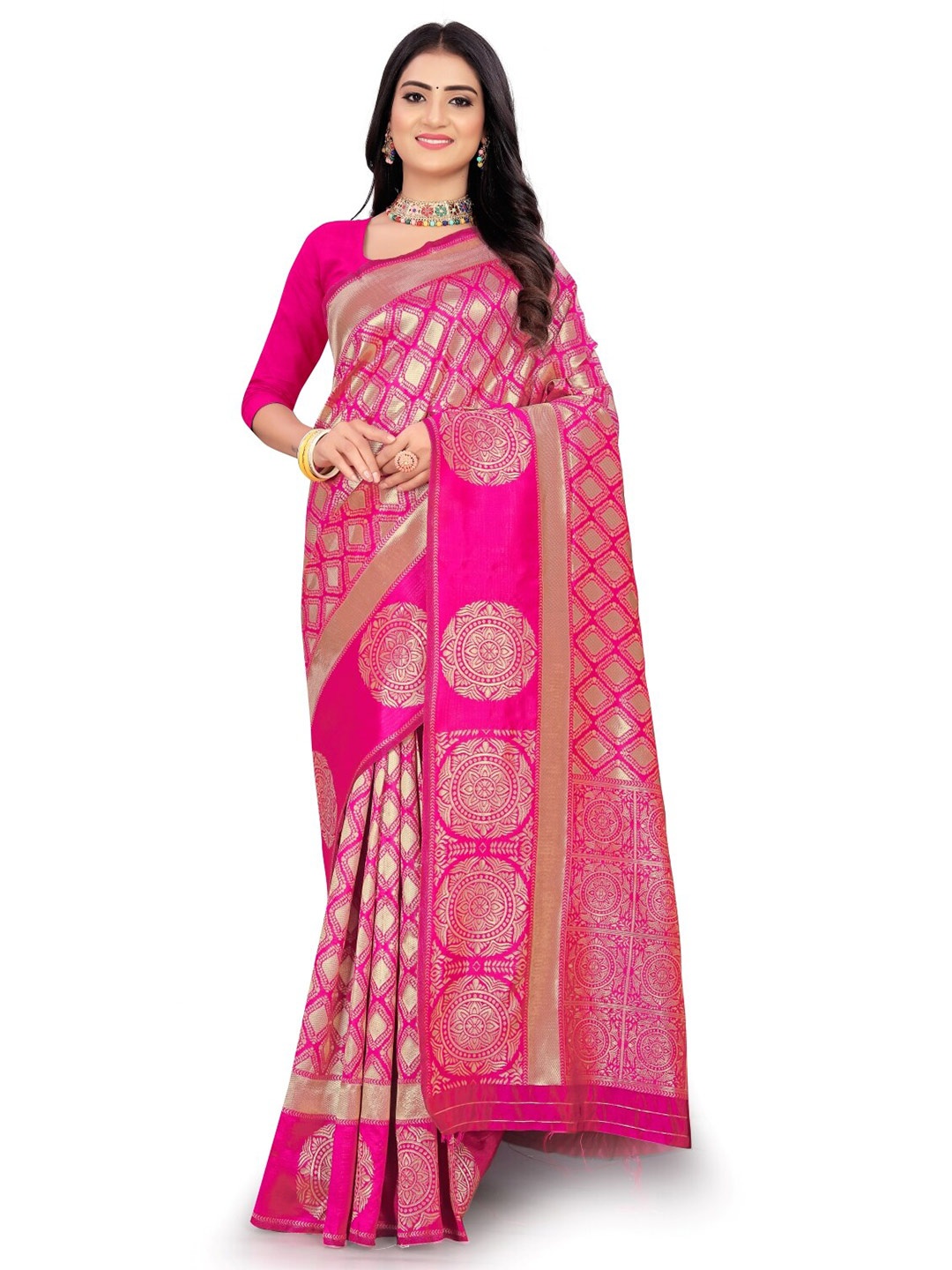 

HOLLYBEE TELLS Ethnic Woven Design Zari Pure Silk Kanjeevaram Saree, Pink