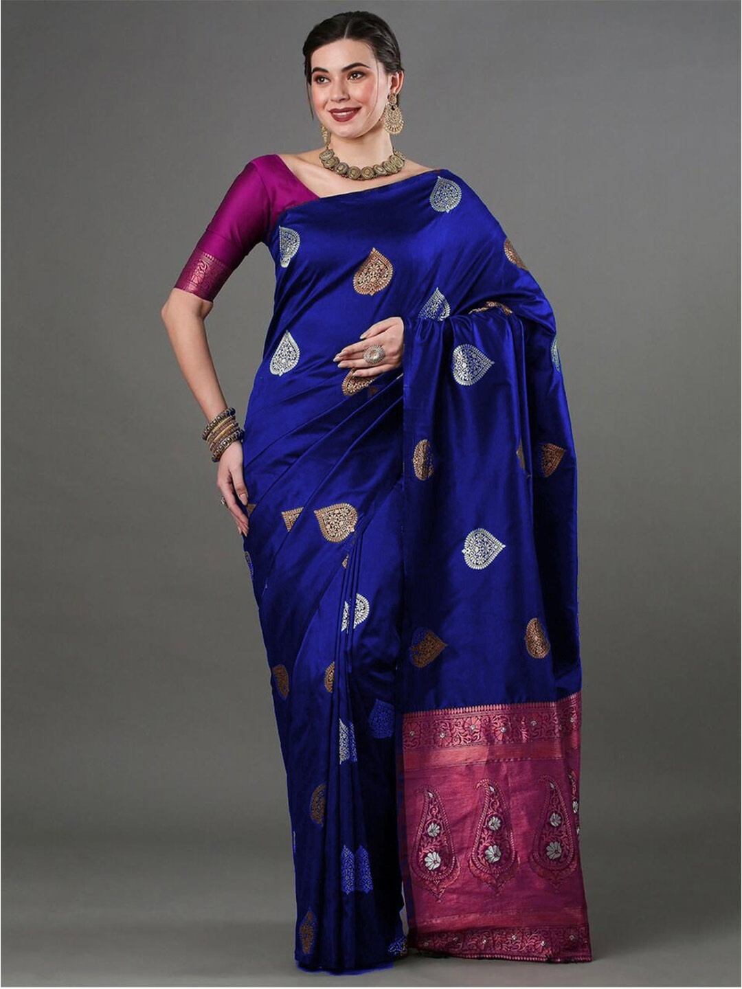 

HOLLYBEE TELLS Ethnic Motifs Zari Woven Design Pure Silk Kanjeevaram Saree, Blue