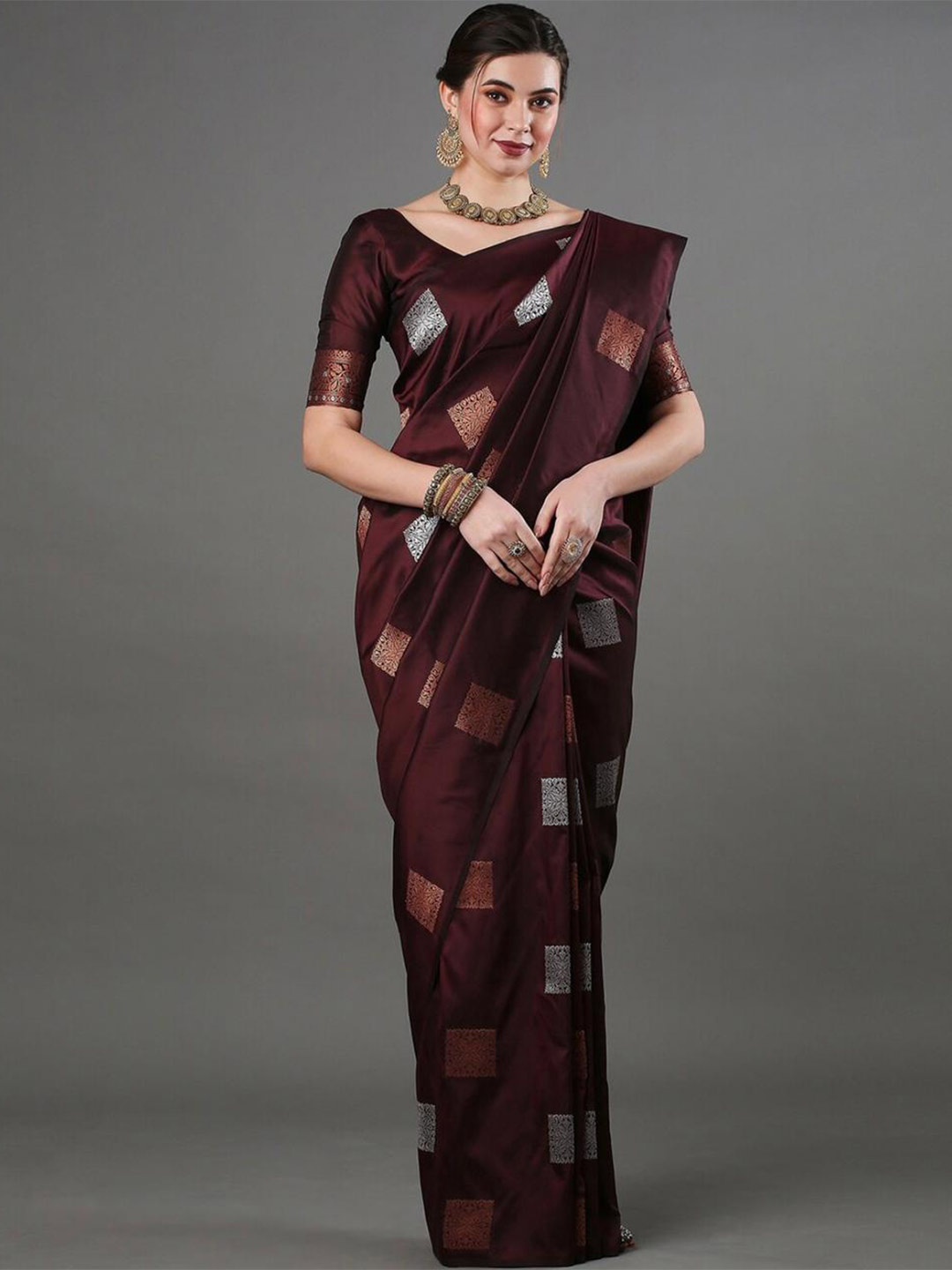 

HOLLYBEE TELLS Ethnic Motifs Zari Pure Silk Banarasi Saree, Maroon