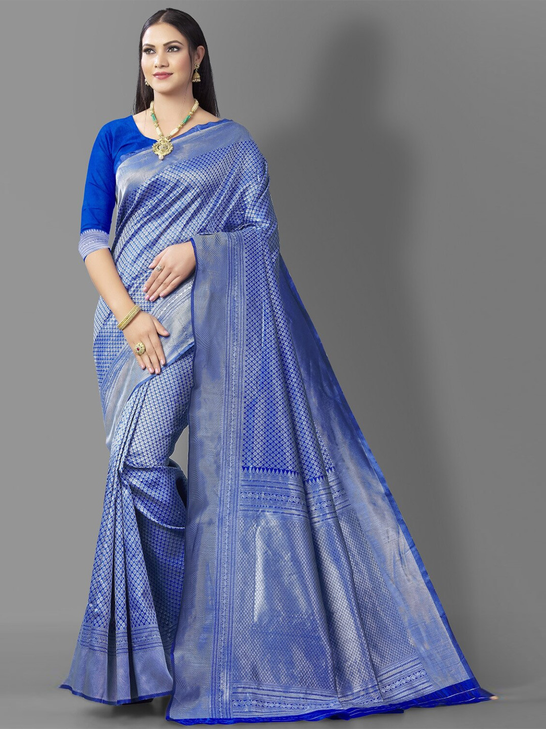 

HOLLYBEE TELLS Ethnic Motifs Zari Pure Silk Kanjeevaram Saree, Blue