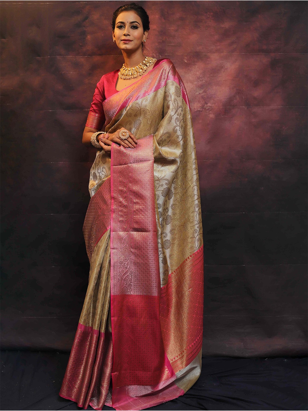 

HOLLYBEE TELLS Ethnic Motifs Woven Design Pure Silk Kanjeevaram Saree, Yellow