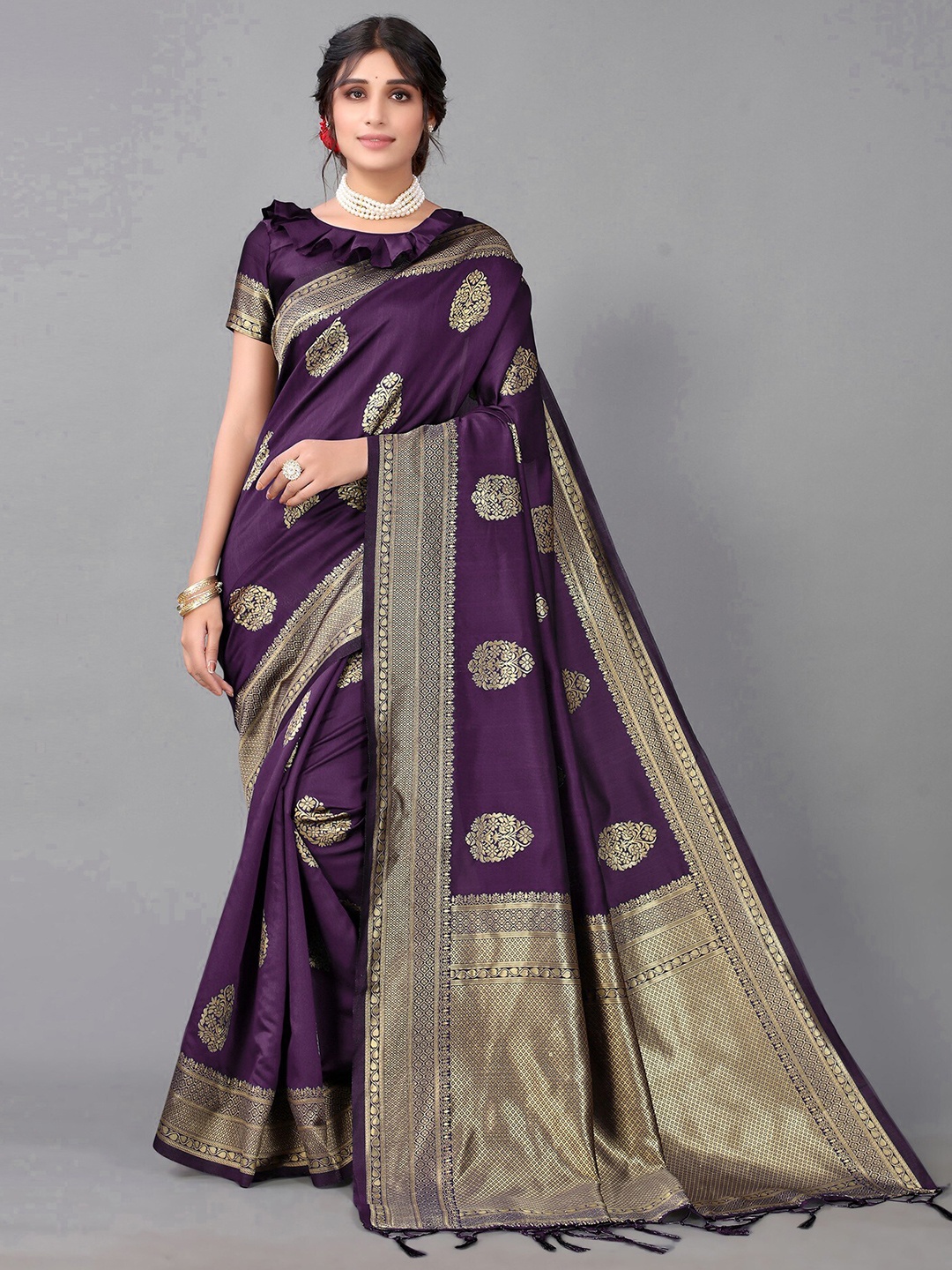 

HOLLYBEE TELLS Ethnic Motifs Woven Design Zari Pure Silk Kanjeevram Saree, Purple