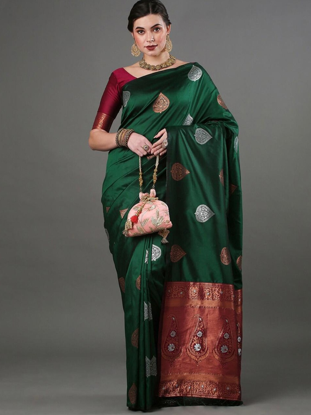 

HOLLYBEE TELLS Ethnic Woven Design Zari Pure Silk Banarasi Saree, Green