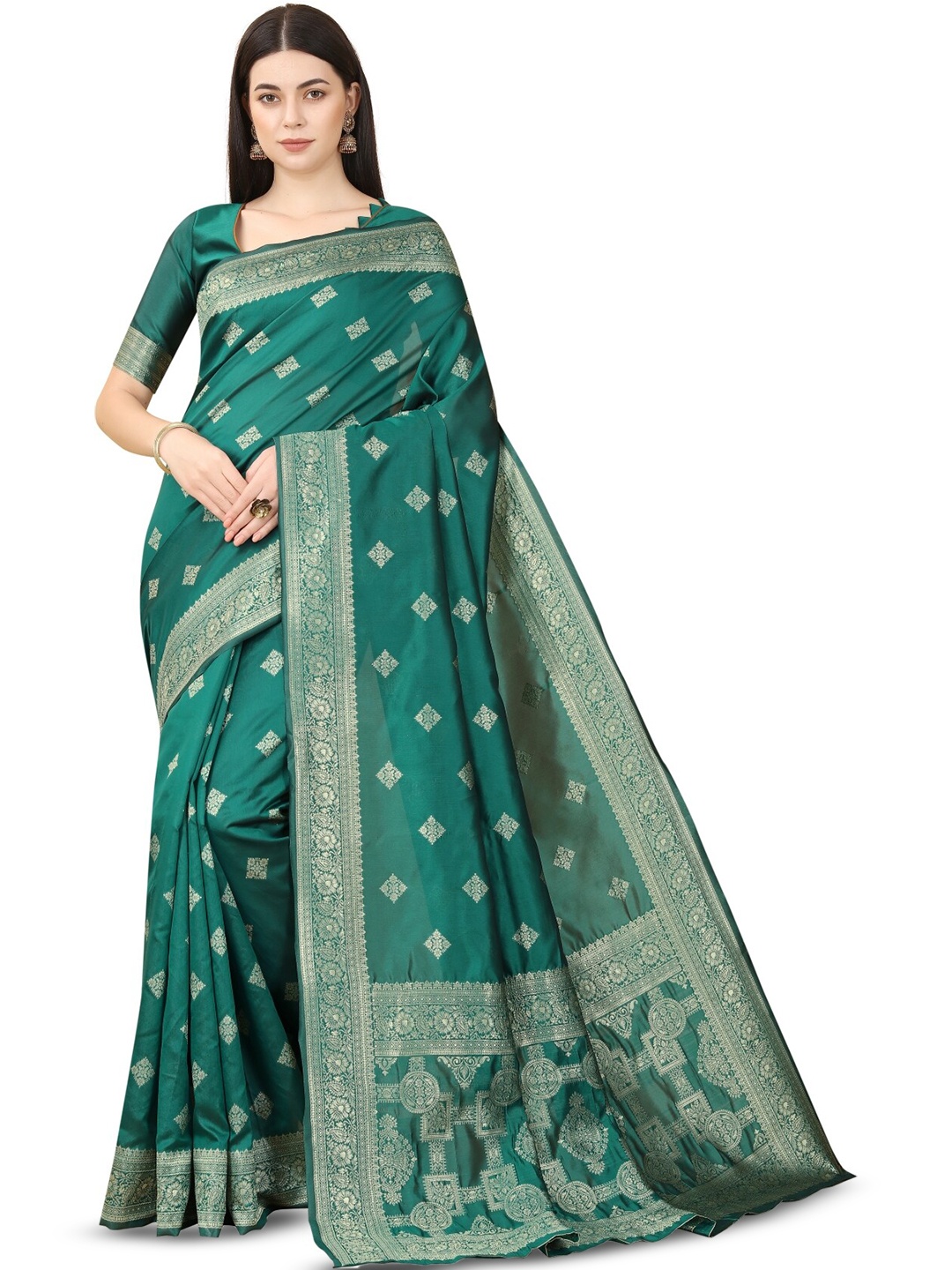 

HOLLYBEE TELLS Floral Woven Design Zari Pure Silk Tussar Saree, Green