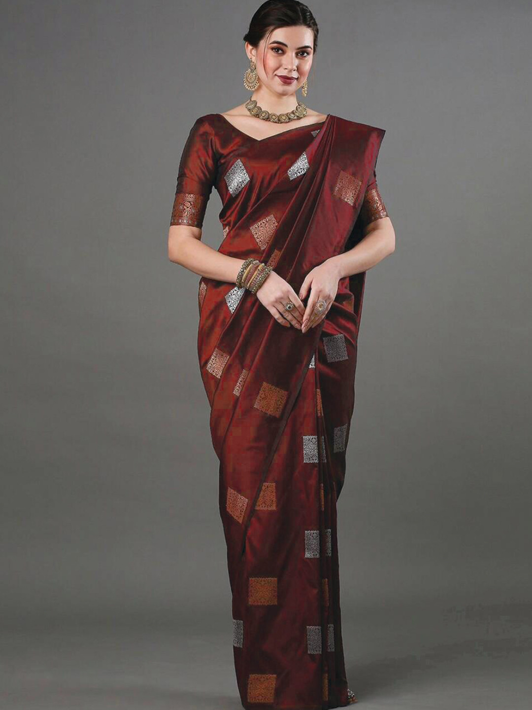 

HOLLYBEE TELLS Ethnic Motifs Zari Pure Silk Banarasi Saree, Maroon