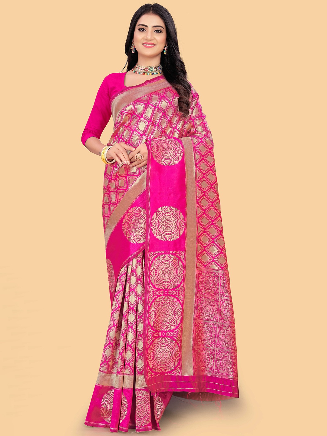

HOLLYBEE TELLS Woven Design Zari Pure Silk Tussar Saree, Pink