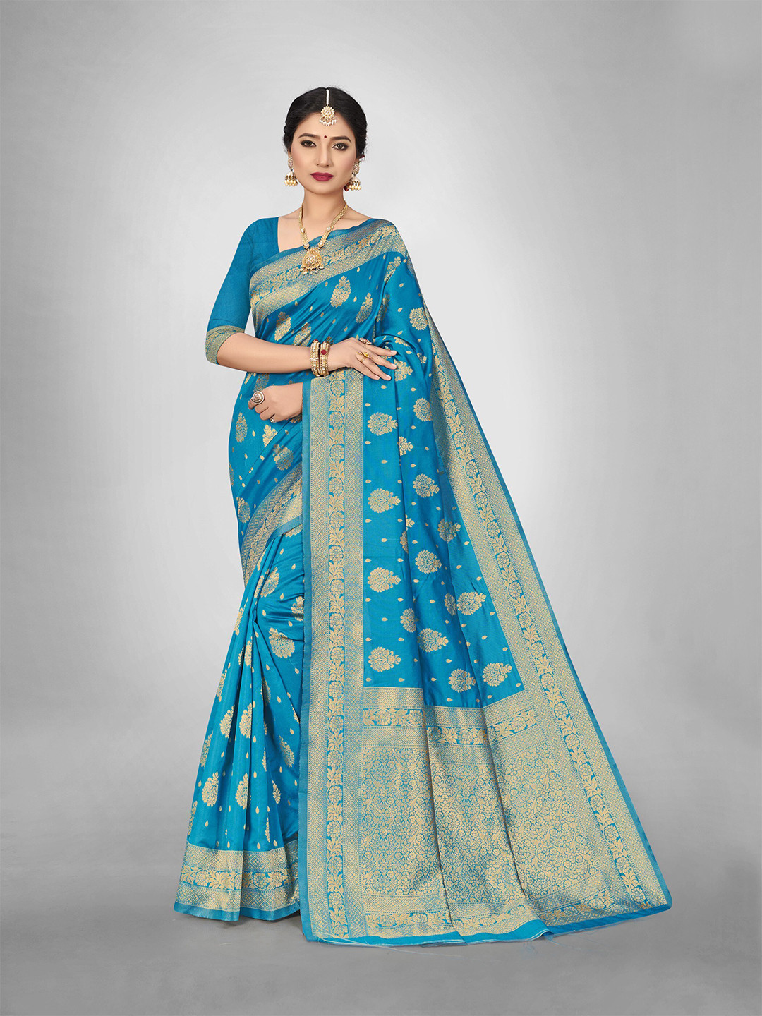 

HOLLYBEE TELLS Woven Design Zari Pure Silk Kanjeevaram Saree, Blue