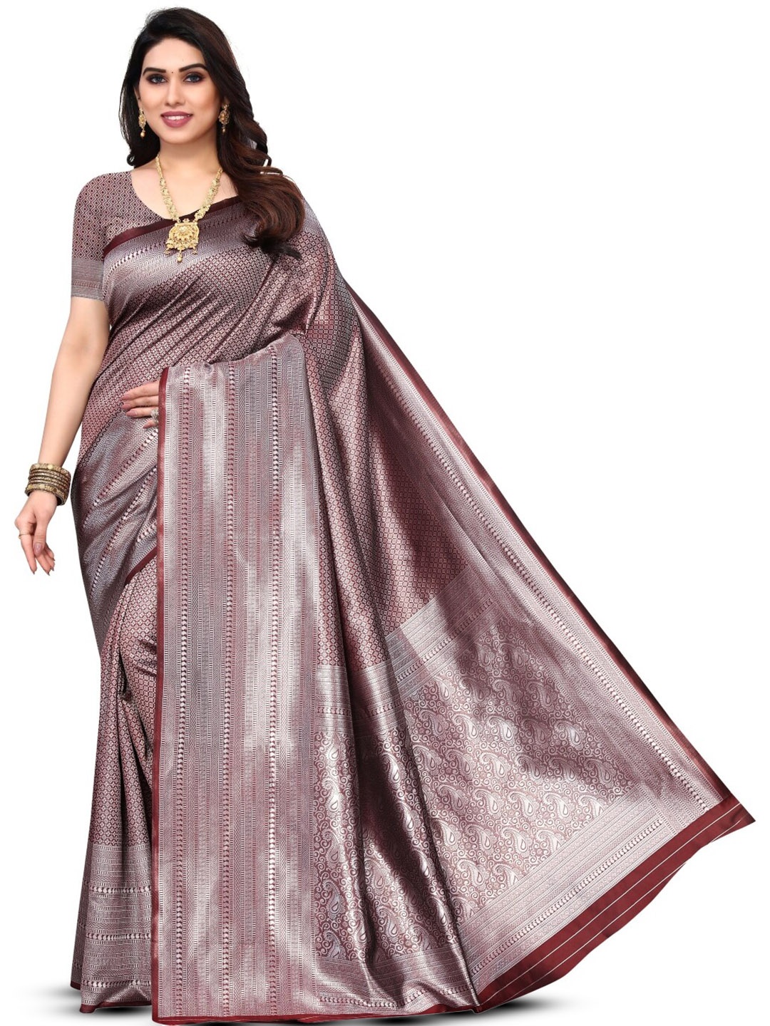 

HOLLYBEE TELLS Geometric Woven Design Zari Pure Silk Tussar Saree, Maroon