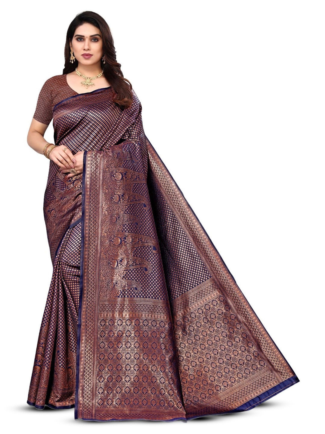 

HOLLYBEE TELLS Ethnic Motifs Zari Pure Silk Kanjeevaram Saree, Blue