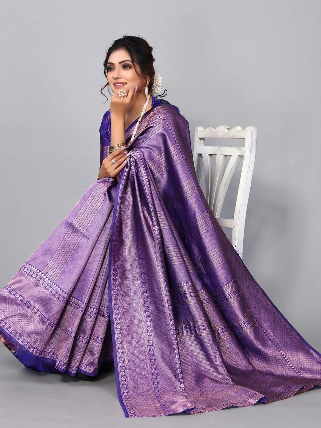 

HOLLYBEE TELLS Woven Design Zari Pure Silk Designer Kanjeevaram Saree, Purple