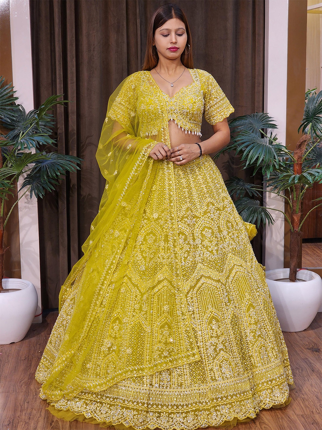 

Durga clothing Embroidered Ready to Wear Lehenga & Blouse With Dupatta, Lime green
