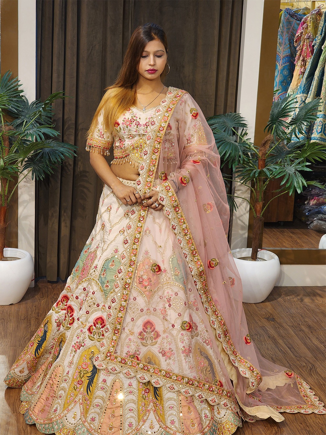 

Durga clothing Embellished Ready to Wear Lehenga & Blouse With Dupatta, Cream