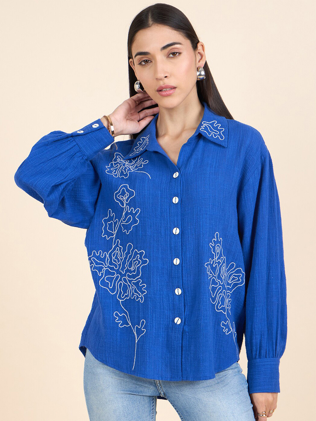 

Gipsy Graphic Printed Puff Sleeves Cotton Casual Shirt, Blue
