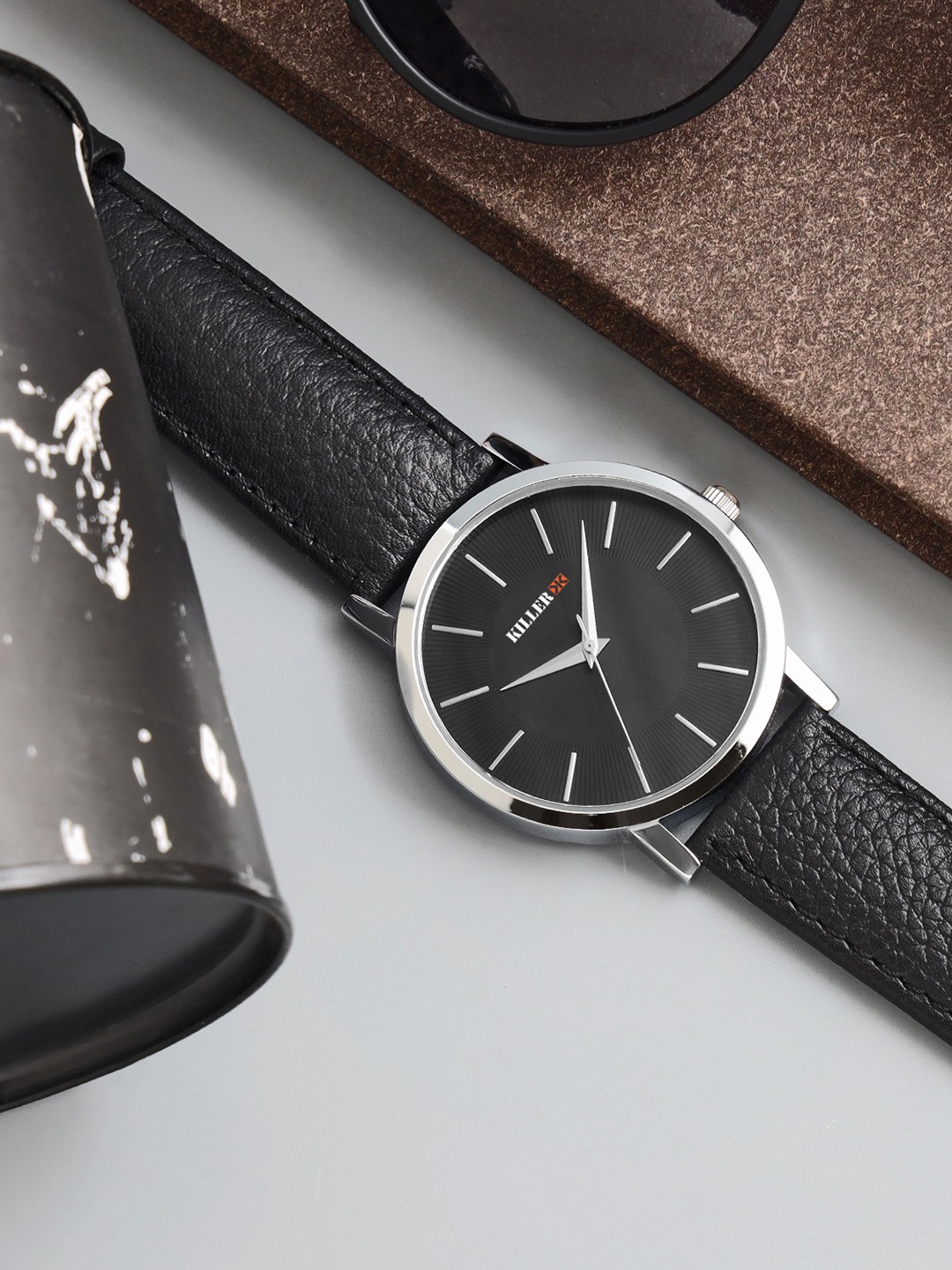 

Killer Men Patterned Dial & Leather Bracelet Style Straps Analogue Watch KLMO63A, Black