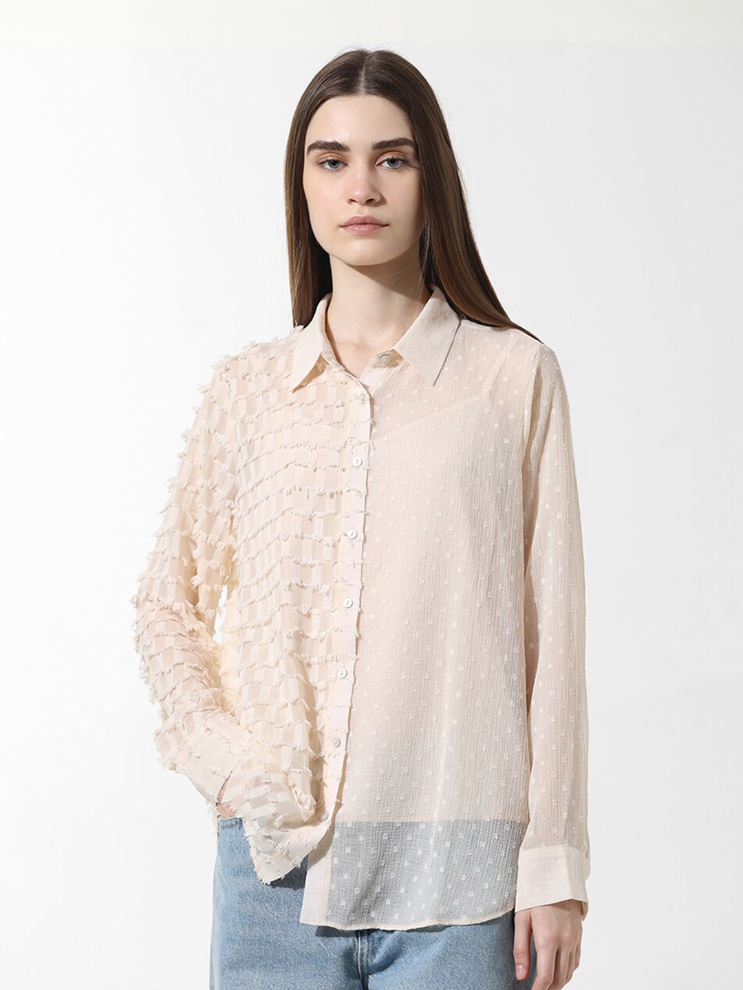 

ONLY Onlpepper Ls Self Design Spread Collar Casual Shirt, Cream