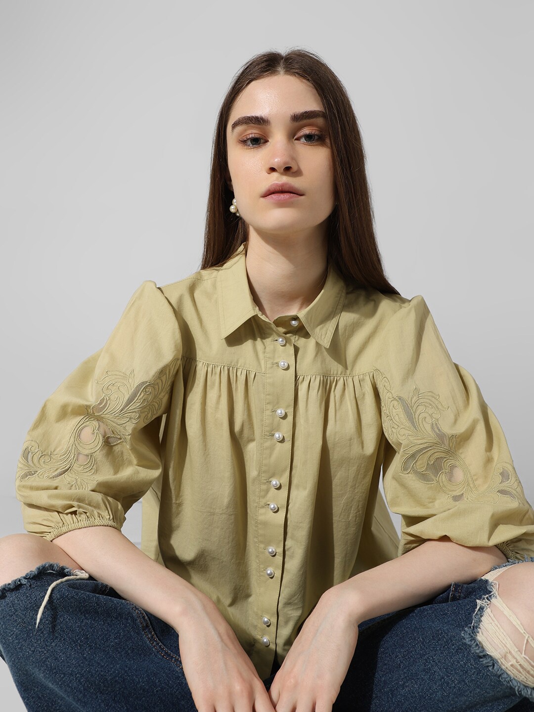 

ONLY Onl Uexringo Puff Sleeves Shirt Style Top, Green