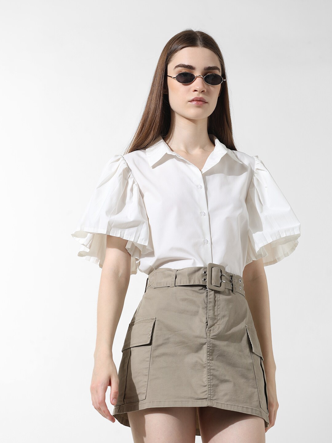 

ONLY ONLFUN SS SHIRT WVN-IN Opaque Flared Sleeves Casual Shirt, White