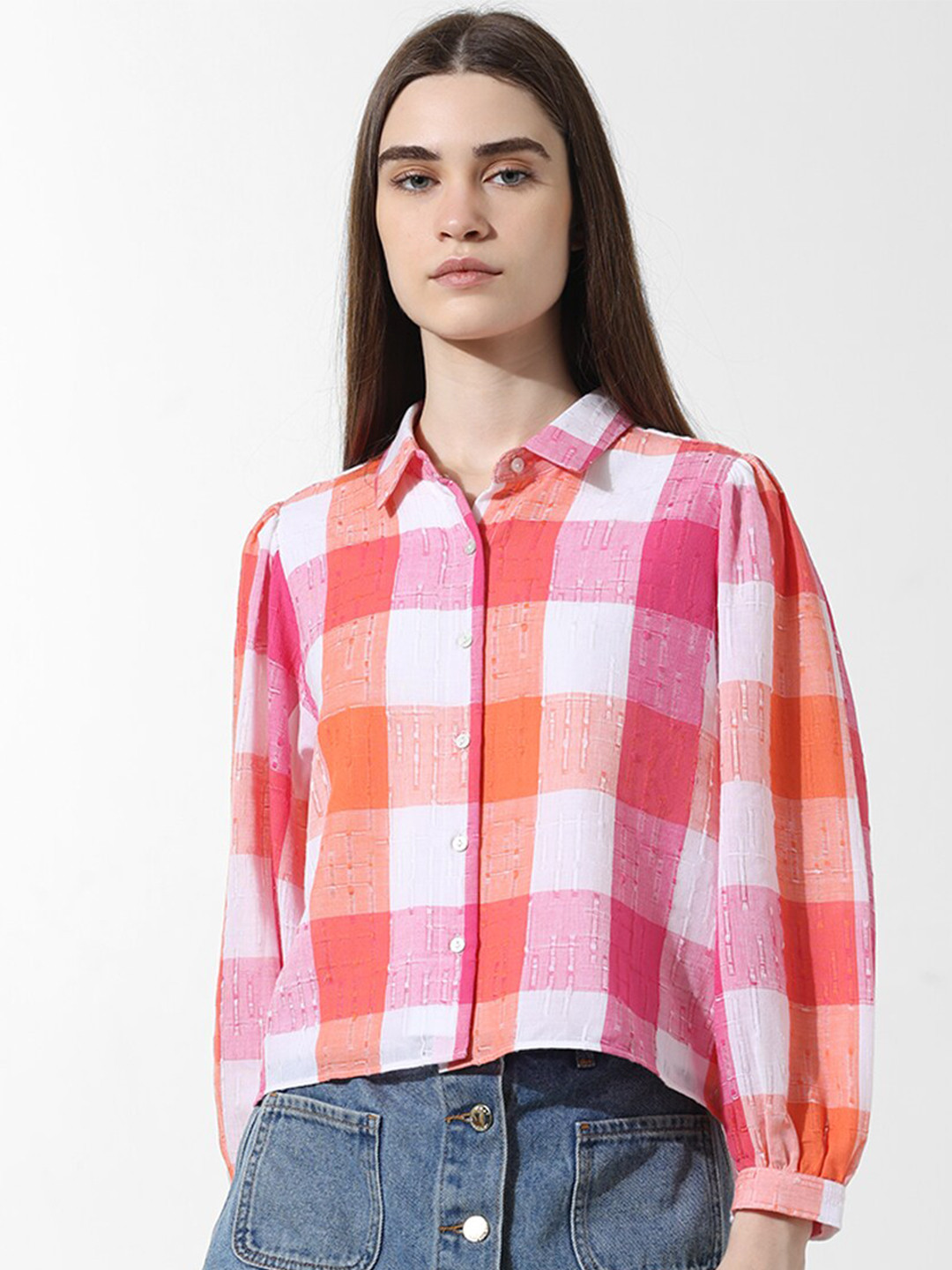 

ONLY ONLSALLY LS CHECK SHI Boxy Tartan Checked Pure Cotton Casual Shirt, Pink