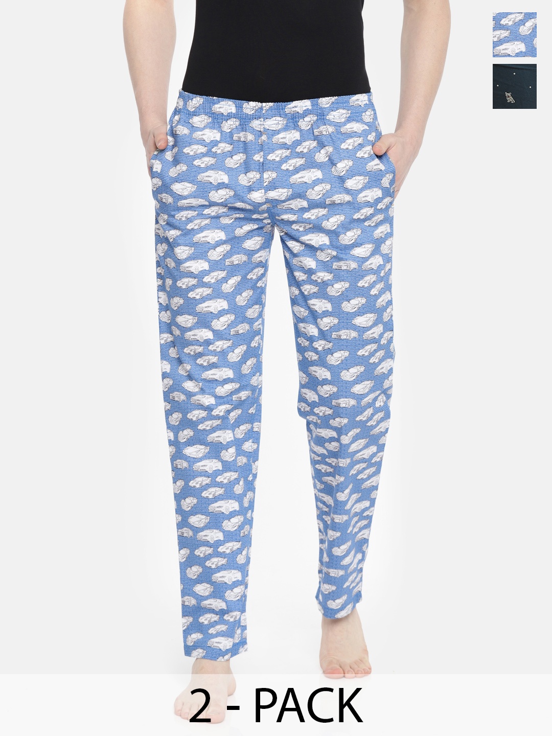 

The Indian Garage Co Pack Of 2 Mid-Rise Printed Cotton Lounge Pants, Navy blue