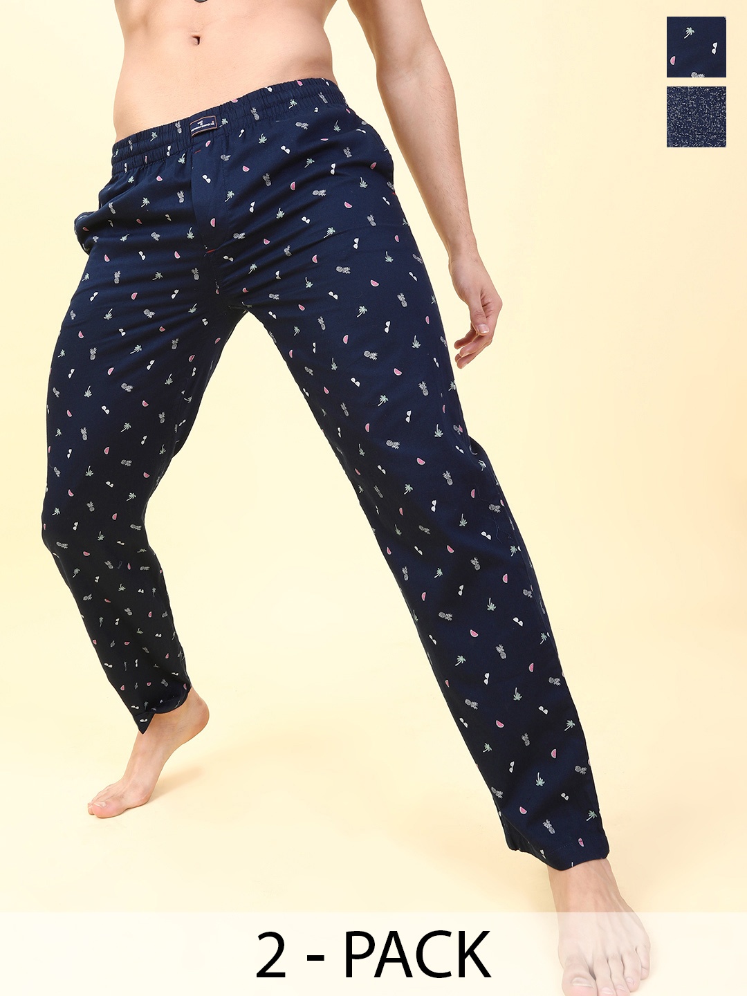 

The Indian Garage Co Pack Of 2 Mid-Rise Printed Cotton Lounge Pants, Navy blue