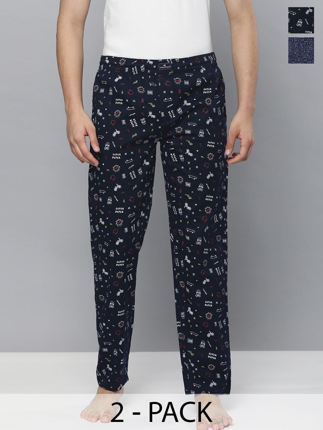 

The Indian Garage Co Pack Of 2 Mid-Rise Printed Cotton Lounge Pants, Navy blue