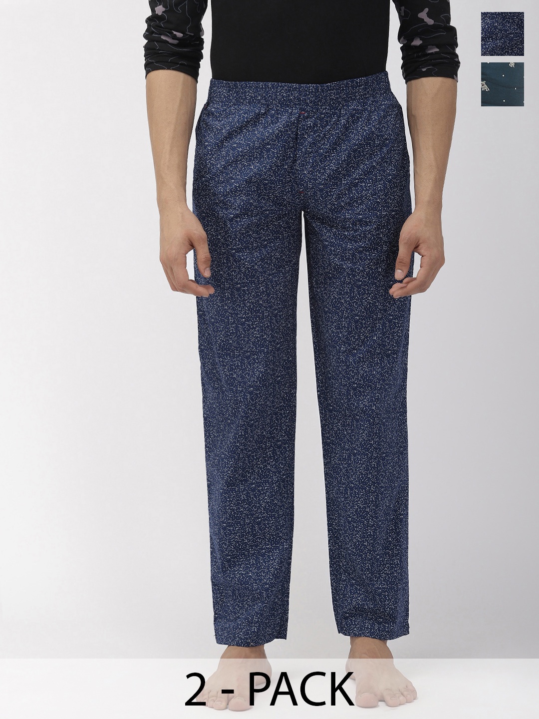

The Indian Garage Co Pack Of 2 Mid-Rise Printed Cotton Lounge Pants, Navy blue