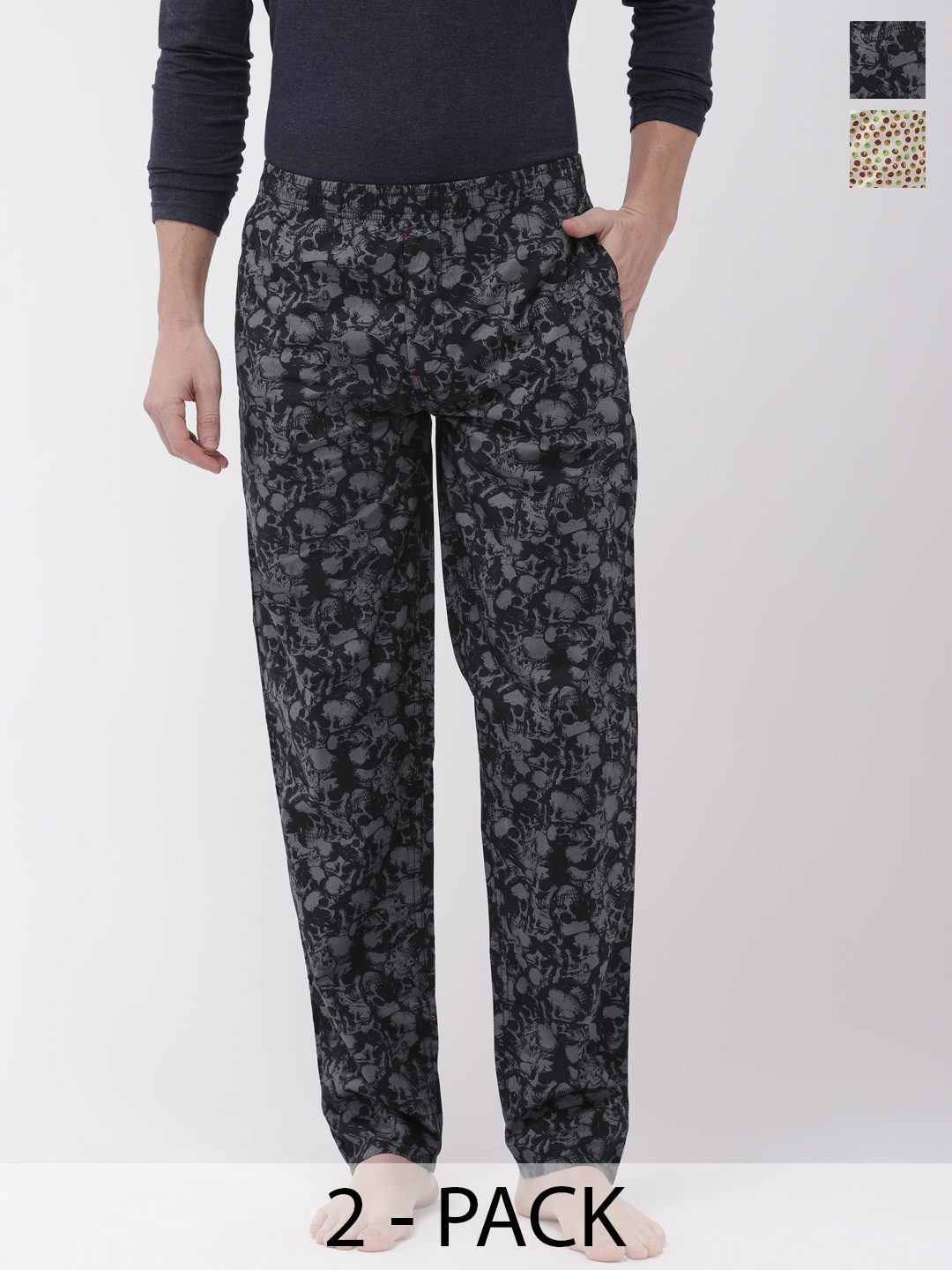 

The Indian Garage Co Pack Of 2 Mid-Rise Printed Cotton Lounge Pants, Black