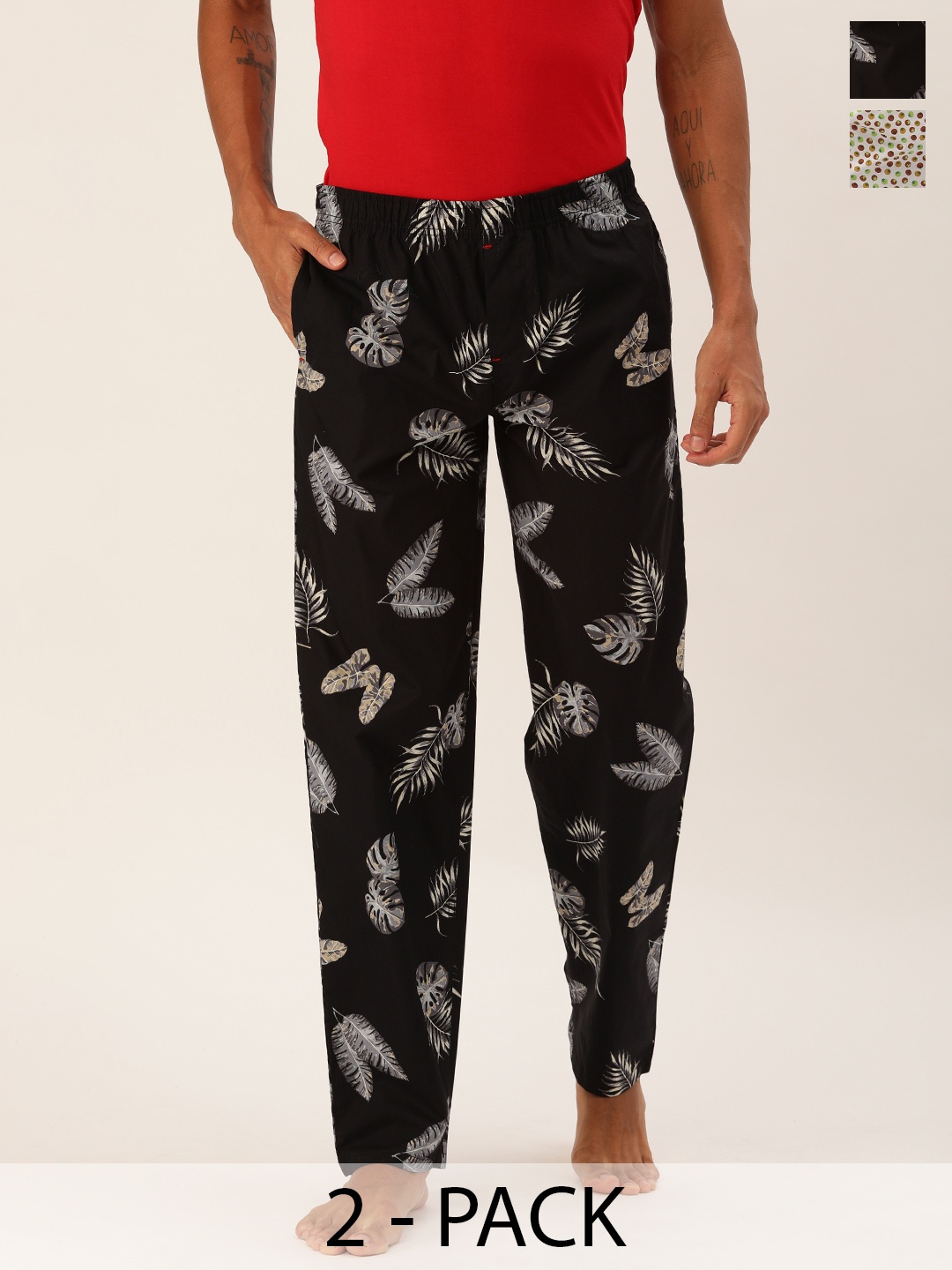 

The Indian Garage Co Pack Of 2 Mid-Rise Printed Cotton Lounge Pants, Black
