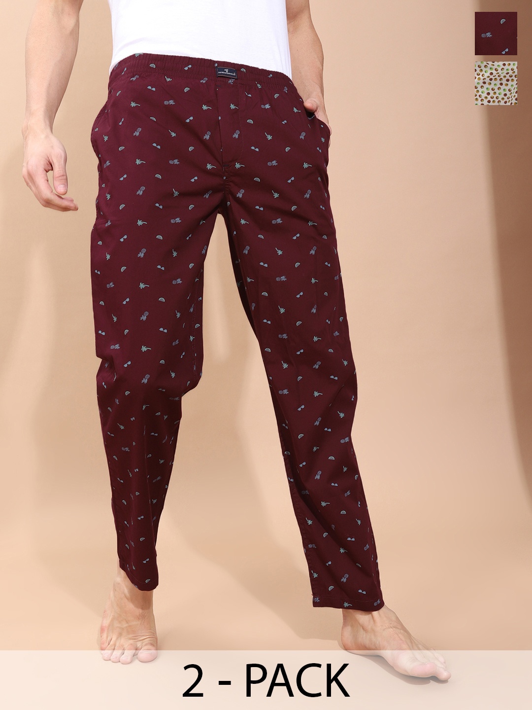 

The Indian Garage Co Pack Of 2 Mid-Rise Printed Cotton Lounge Pants, Burgundy