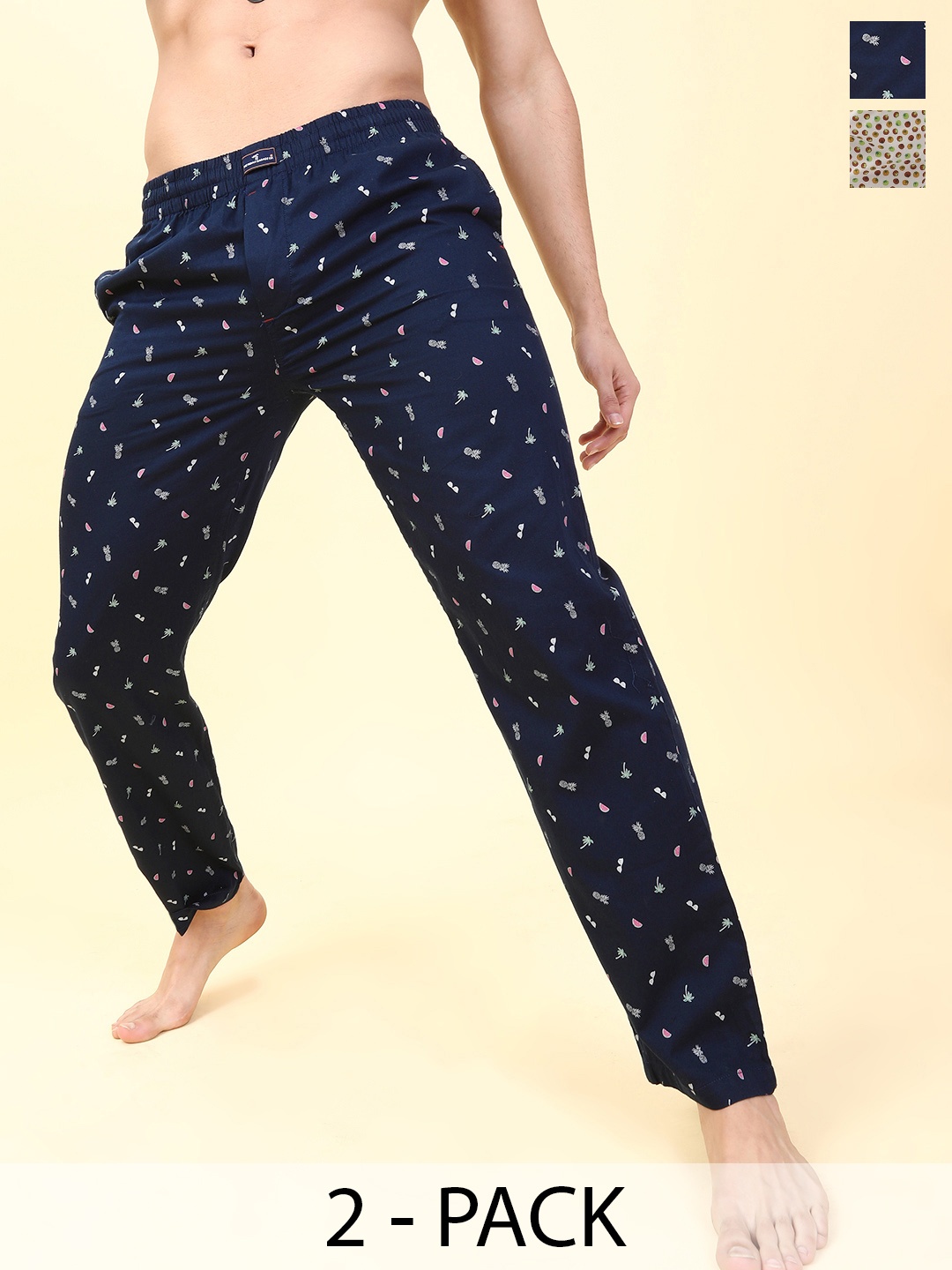 

The Indian Garage Co Pack Of 2 Mid-Rise Printed Cotton Lounge Pants, Navy blue