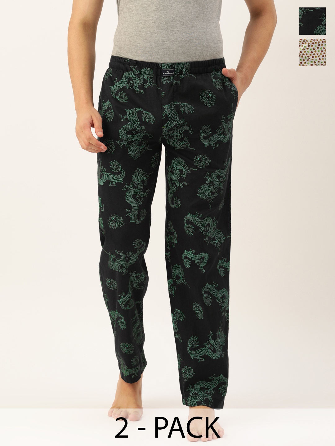 

The Indian Garage Co Pack Of 2 Mid-Rise Printed Cotton Lounge Pants, Black