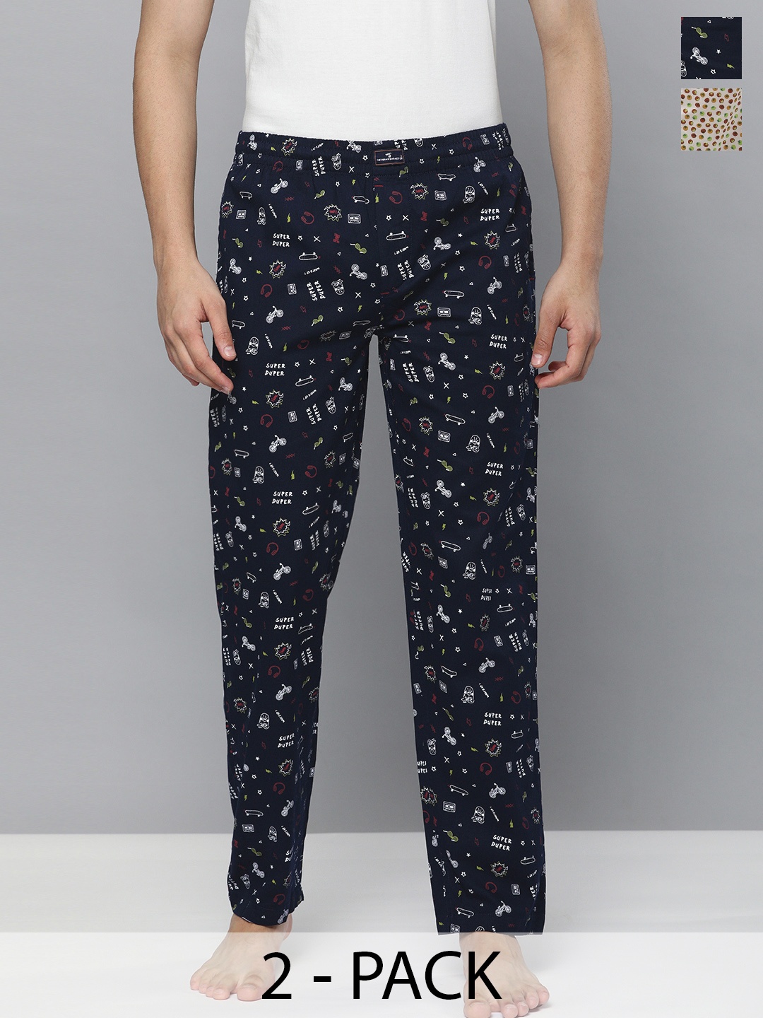 

The Indian Garage Co Pack Of 2 Mid-Rise Printed Cotton Lounge Pants, Navy blue