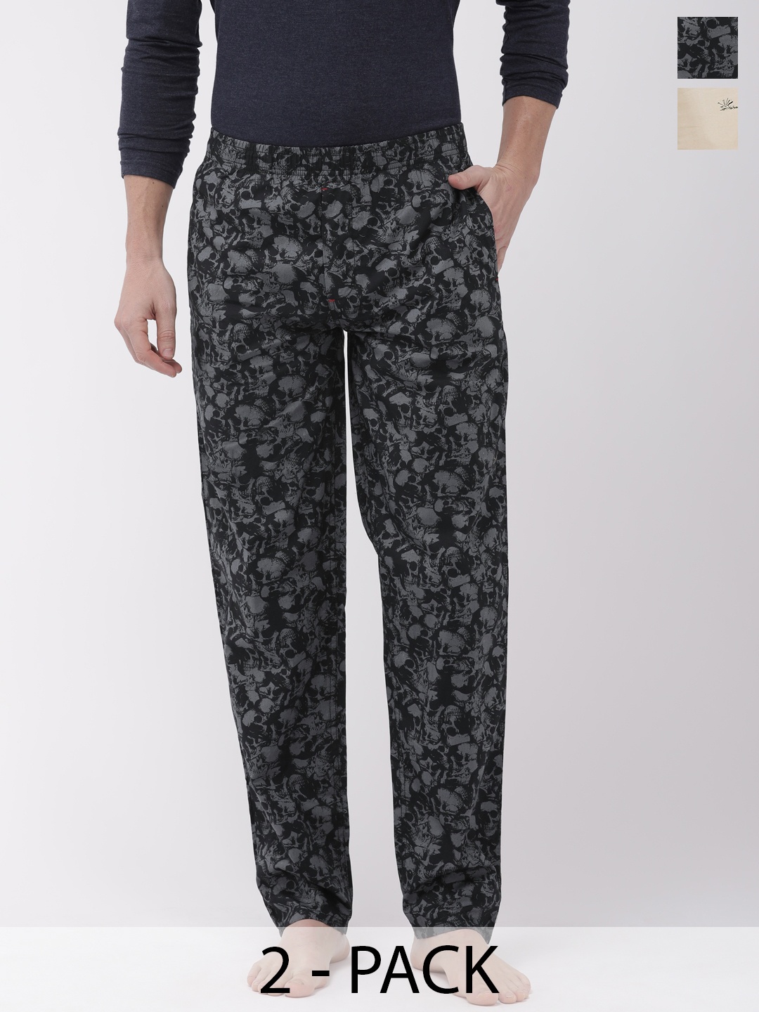 

The Indian Garage Co Pack Of 2 Mid-Rise Printed Cotton Lounge Pants, Black