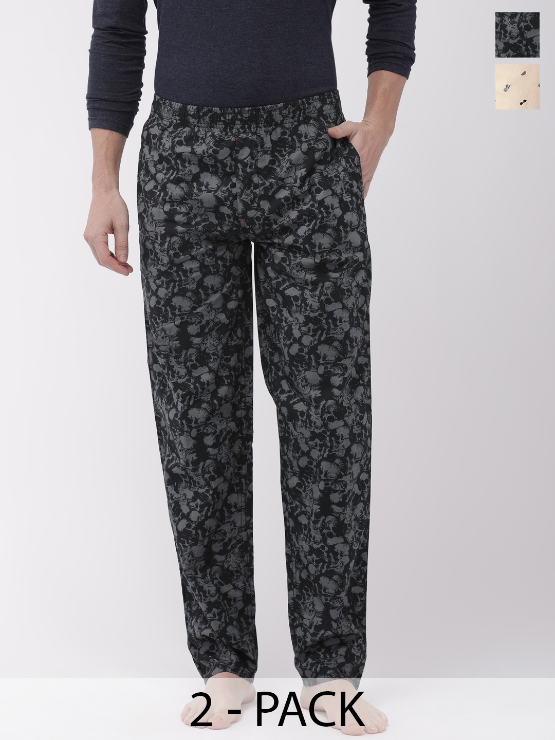 

The Indian Garage Co Pack Of 2 Mid-Rise Printed Cotton Lounge Pants, Black