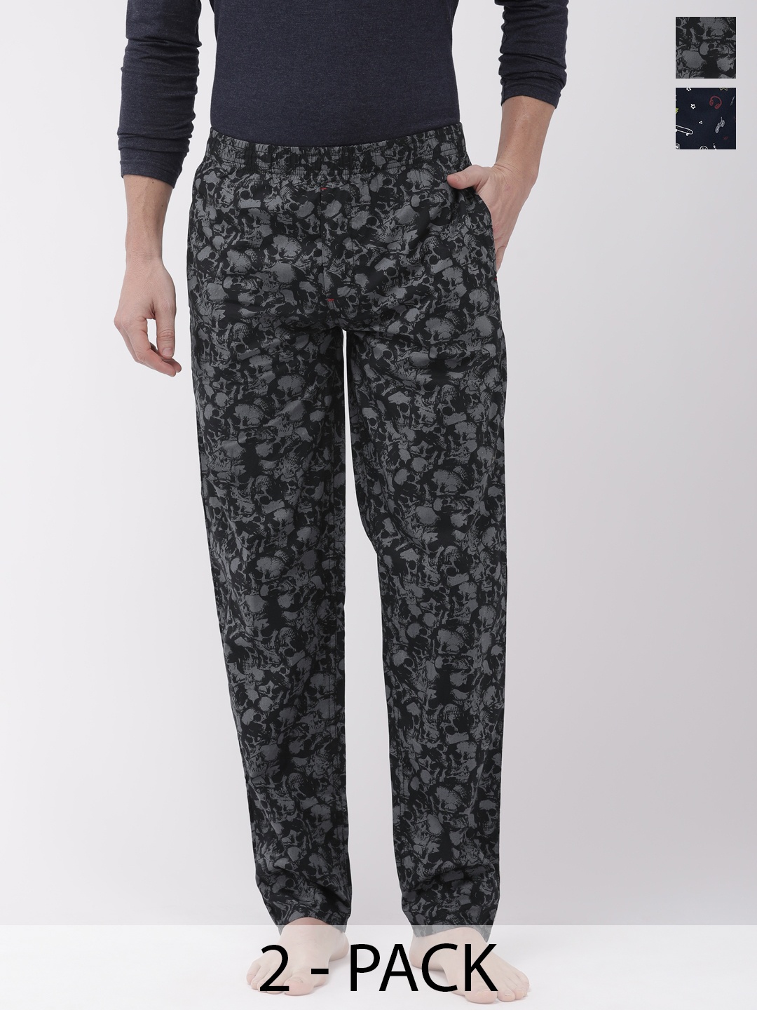 

The Indian Garage Co Pack Of 2 Mid-Rise Printed Cotton Lounge Pants, Black