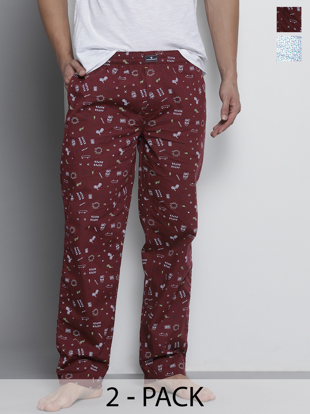 

The Indian Garage Co Pack Of 2 Mid-Rise Printed Cotton Lounge Pants, Burgundy