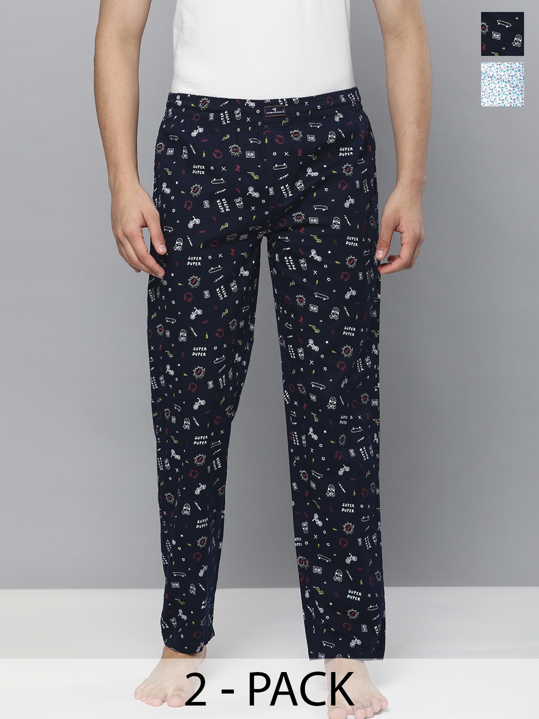 

The Indian Garage Co Pack Of 2 Mid-Rise Printed Cotton Lounge Pants, Navy blue