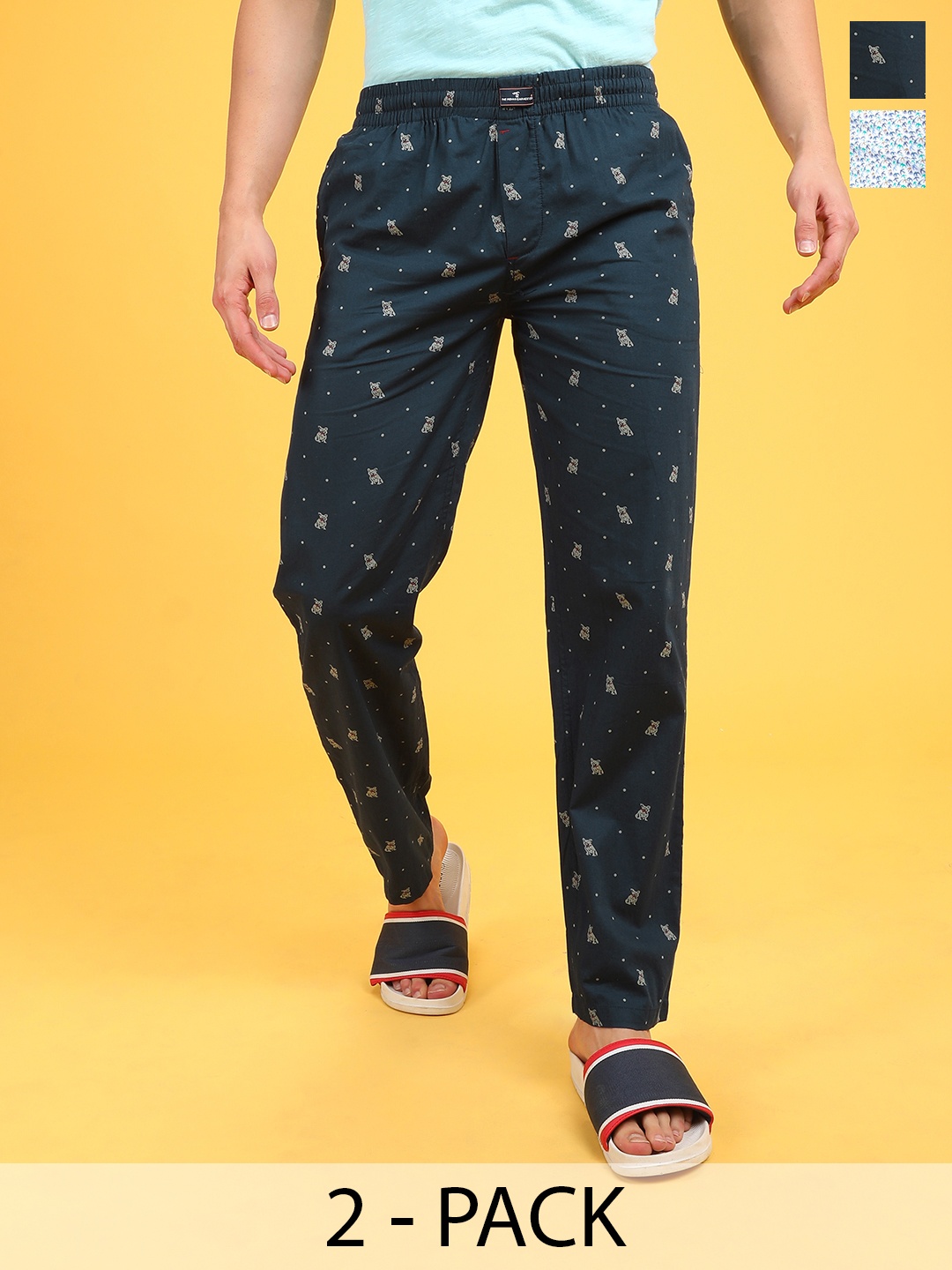 

The Indian Garage Co Pack Of 2 Mid-Rise Printed Cotton Lounge Pants, Navy blue