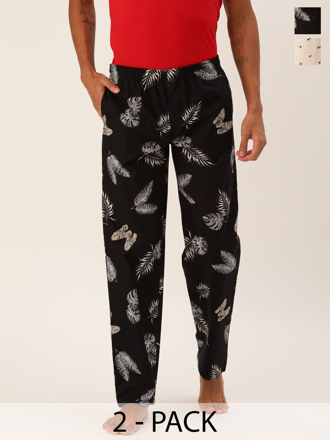 

The Indian Garage Co Pack Of 2 Mid-Rise Printed Cotton Lounge Pants, Black