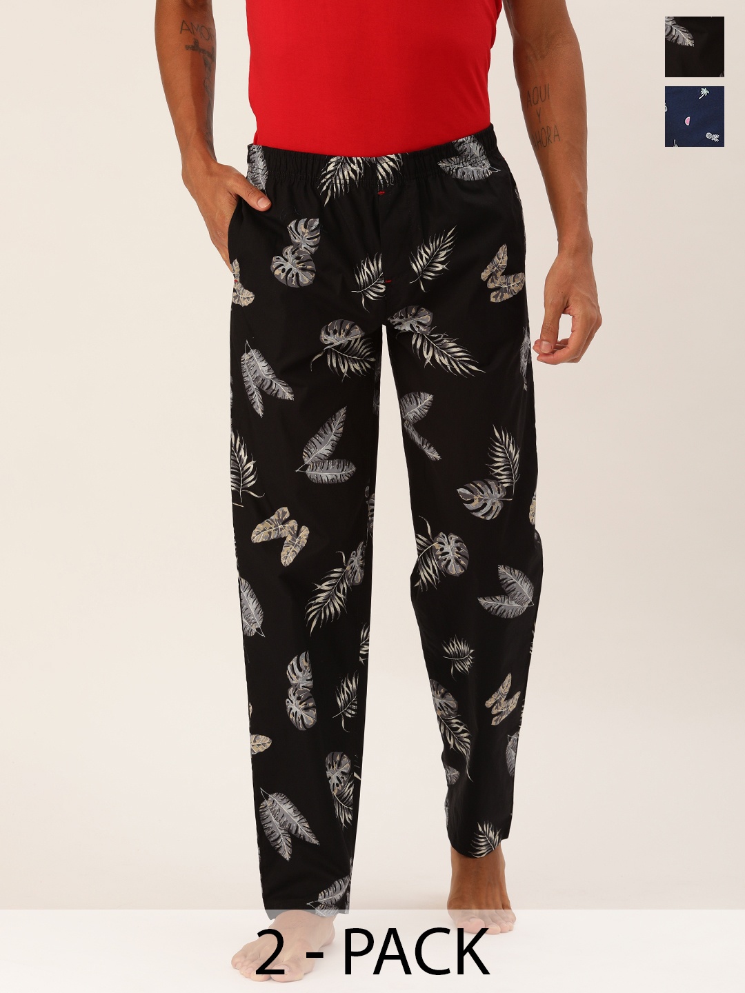 

The Indian Garage Co Pack Of 2 Mid-Rise Printed Cotton Lounge Pants, Black