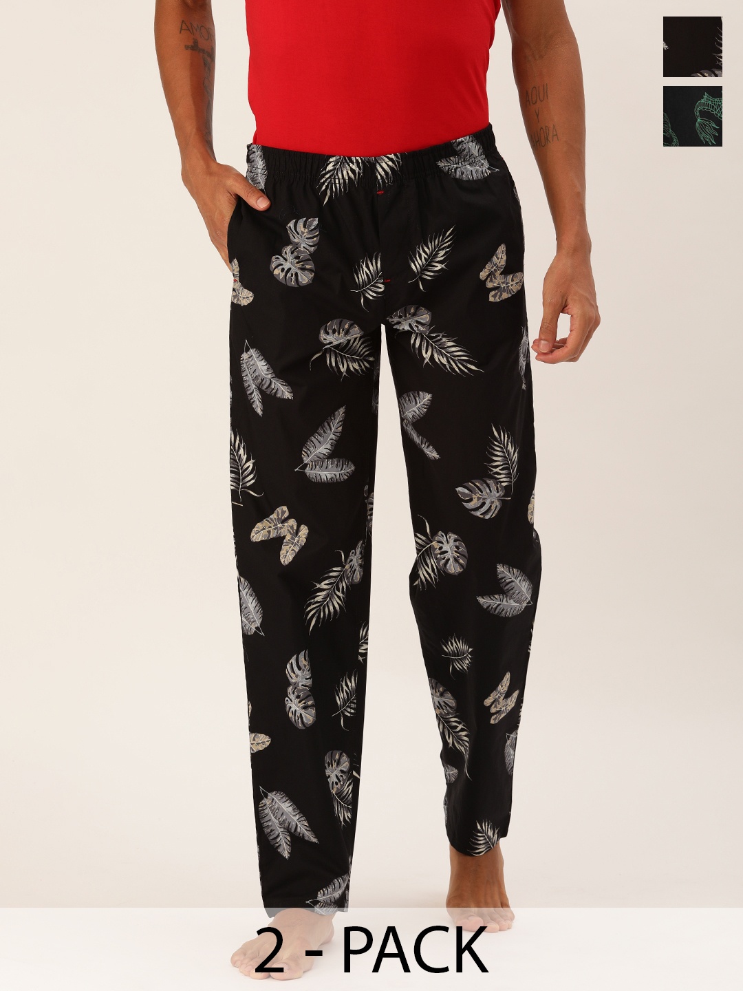 

The Indian Garage Co Pack Of 2 Mid-Rise Printed Cotton Lounge Pants, Black